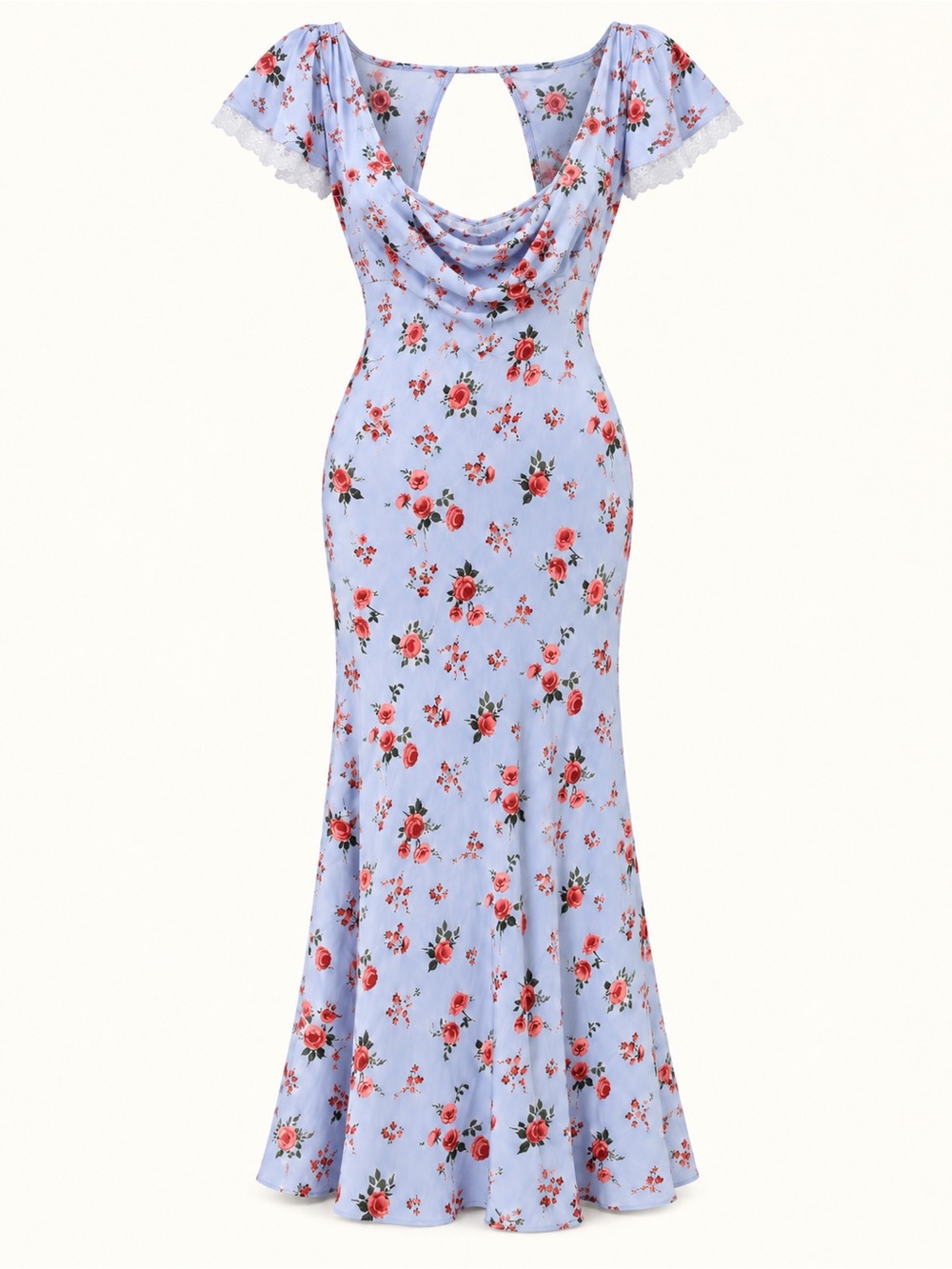NWT Romantic Light Blue Floral Cowl Neck Open Back Maxi Dress S